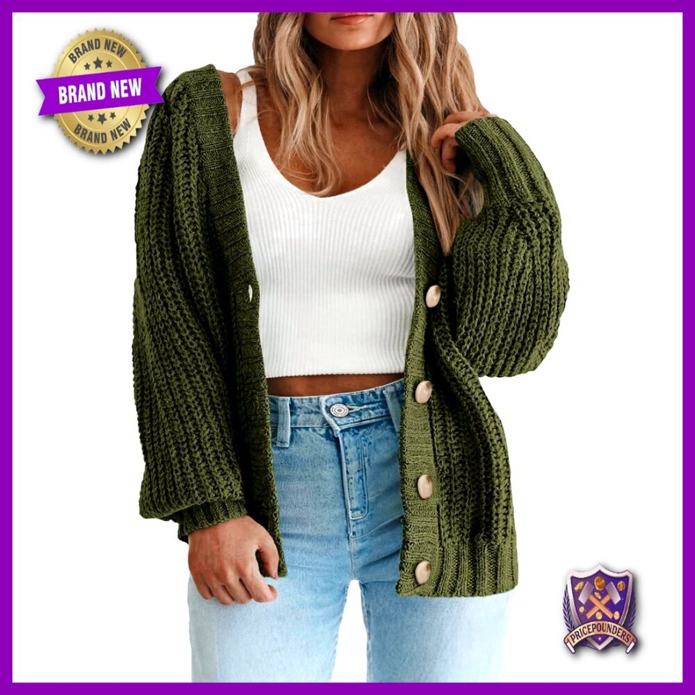 Plus Size Chunky Knit Cardigan Sweater Long Sleeve Open Front Button Down